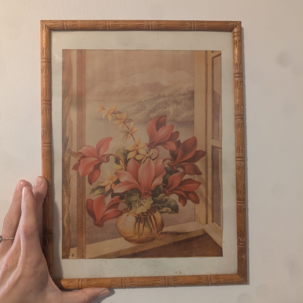 Wooden Frame Bamboo Like Frame, With Floral Art